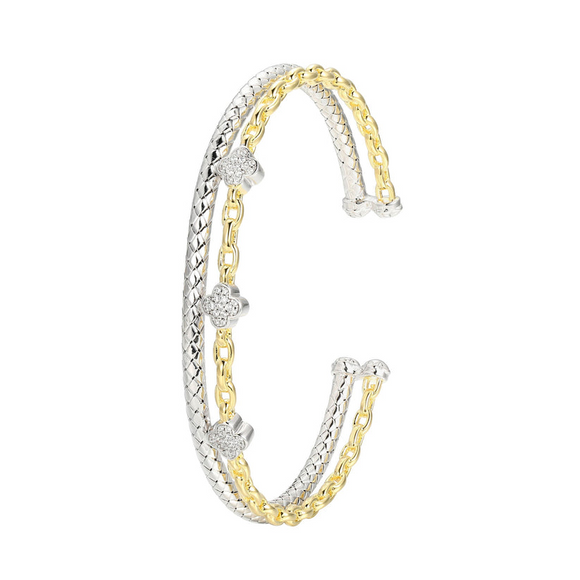 Charles Garnier Sterling Silver, Gold Tone, Rhodium Finished CZ Clover Chain Link Cuff