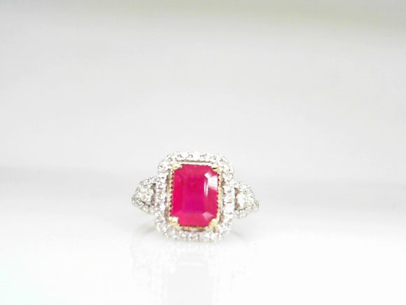 Two-Tone Emerald Cut Ruby and Diamond Ring