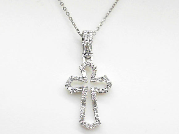 White Gold Open Cross Diamond Necklace with Round and Baguette Diamonds