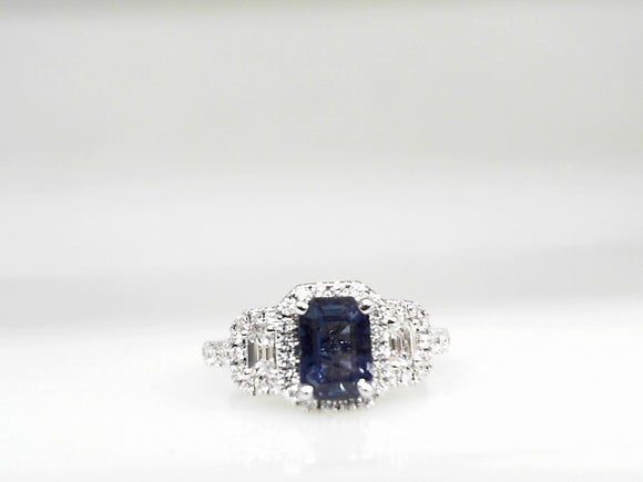 14k White Gold Diamond and Sapphire with Halo Ring
