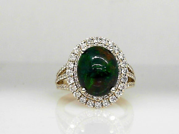 Yellow Gold Black Opal Ring with Double Diamond Halo